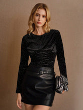 MOTF PREMIUM VELVET RHINESTONE RUCHED FRONT LONG SLEEVE TEE